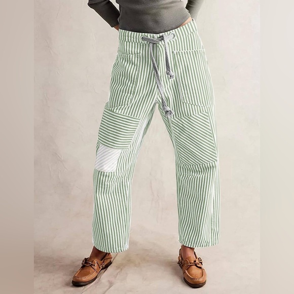 Pants - Cotton Green Striped Barrel Pants